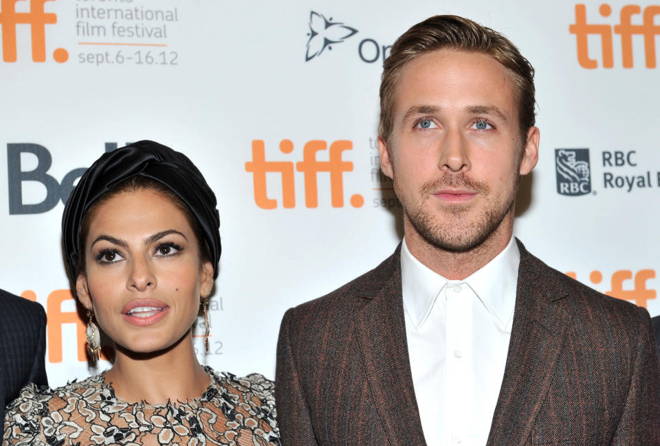 TORONTO, ON - SEPTEMBER 07:  Actors (L-R) Eva Mendes and Ryan Gosling attend "The Place Beyond The Pines" premiere during the 2012 Toronto International Film Festival at Princess of Wales Theatre on September 7, 2012 in Toronto, Canada.  (Photo by Sonia Recchia/Getty Images)