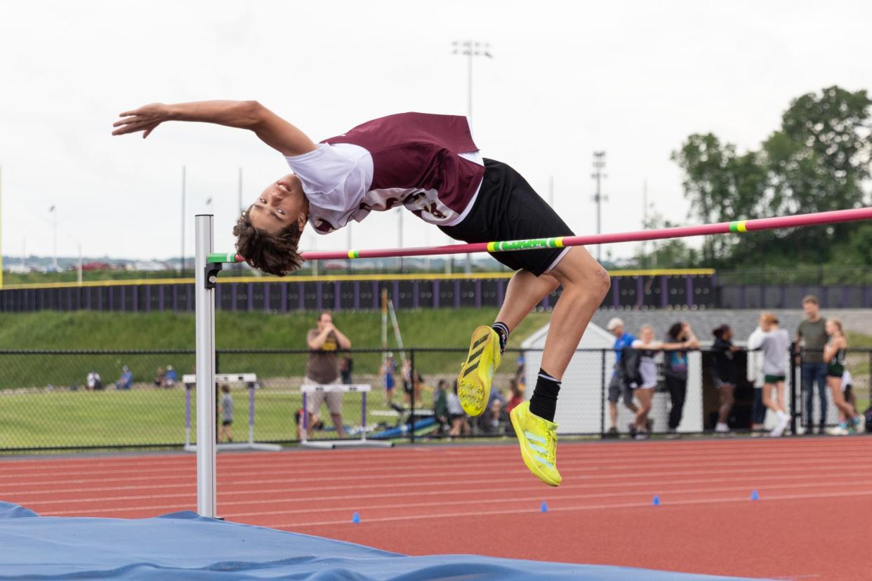 Kingston's Joe McDonald Jr competes in the Division 1 Boys High Jump at day 1 of the Section 9 track and field state qualifier in Central Valley, NY on June 2, 2022.