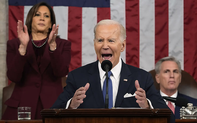 President Biden gives his State of the Union address during a joint session of Congress on Feb. 7. <em>Associated Press/Jacquelyn Martin</em>