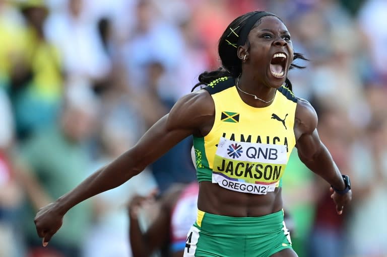 Shericka Jackson won the 200m final at the Jamaican athletics trials to qualify for a chance at a 100-200 sprint double at the Paris Olympics (HANNAH PETERS)