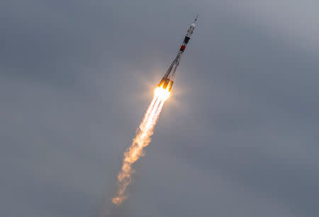 The Soyuz MS-02 spacecraft carrying the crew of Shane Kimbrough of the U.S., Sergey Ryzhikov and Andrey Borisenko of Russia blasts off to the International Space Station (ISS) from the launchpad at the Baikonur cosmodrome, Kazakhstan, October 19, 2016. REUTERS/Shamil Zhumatov