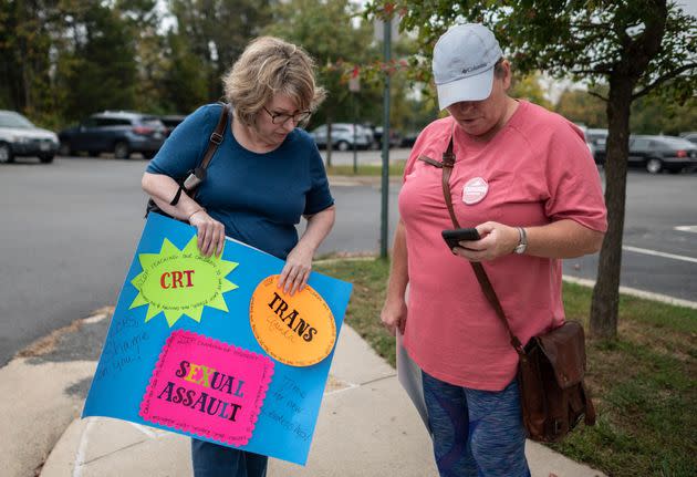 Protesters and activists gather outside a Loudoun County Public Schools board meeting in Ashburn, Virginia, to protest both critical race theory and transgender issues on Oct. 12. (Photo: ANDREW CABALLERO-REYNOLDS via Getty Images)