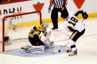 OTTAWA, ON - JANUARY 28: James Neal #18 of the Pittsburgh Penguins and Team Alfredsson takes a shot on Tim Thomas #30 of the Boston Bruins and Team Chara during Tim Hortons NHL Elimination Shoot Out part of the 2012 Molson Canadian NHL All-Star Skills Competition at Scotiabank Place on January 28, 2012 in Ottawa, Ontario, Canada. (Photo by Gregory Shamus/Getty Images)