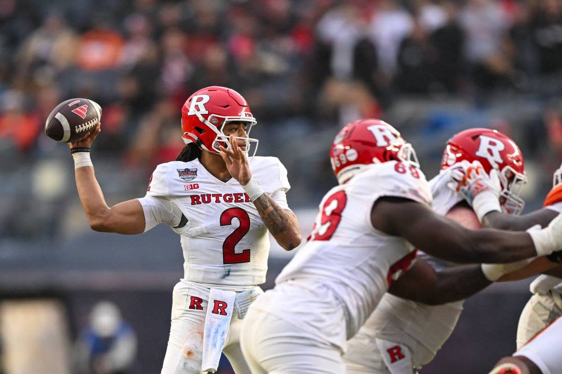 In 2023, Gavin Wimsatt completed 47.8% of his passes for 1,735 yards, nine touchdowns and eight interceptions while starting 13 games for Rutgers. He rushed for 497 yards and 11 touchdowns. Mark Smith/USA TODAY NETWORK