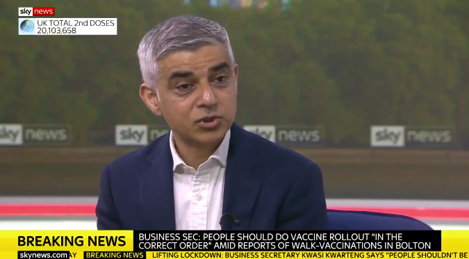 Sadiq Khan has urged Matt Hancock and vaccine minister Nadhim Zahawi to “be nimble” and ramp up vaccines to younger peopleSky News