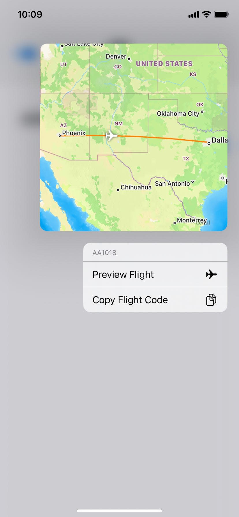 A screenshot of a pop-up of a map showing a plane moving from Phoenix to Dallas, with options below to Preview Flight or Copy Flight Code