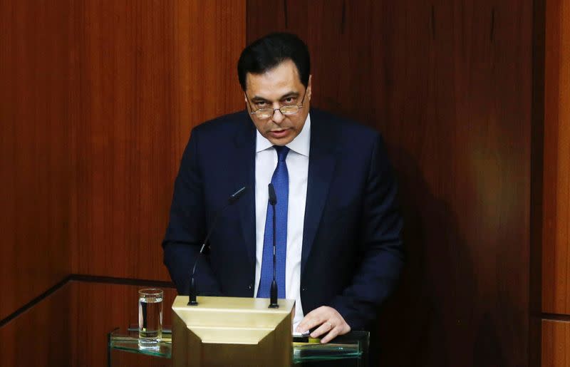 FILE PHOTO: Lebanese PM Diab, presents his government's policy statement to parliament during a session for a vote of confidence in Beirut