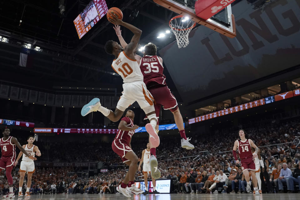 Texas guard Sir'Jabari Rice (10) drives to the basket against Oklahoma forward Tanner Groves (35) during the second half of an NCAA college basketball game in Austin, Texas, Saturday, Feb. 18, 2023. (AP Photo/Eric Gay)