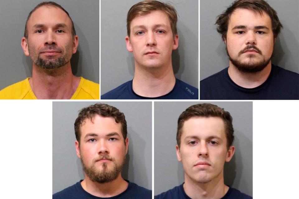 This combination of images provided by the Kootenai County Sheriff's Office shows, from top row from left James Michael Johnson, Forrest Rankin, Robert Whitted. Bottom row from left, Devin Center, Derek Smith. A northern Idaho jury on Thursday, July 20, 2023, found these five members of the white nationalist hate group Patriot Front guilty of misdemeanor charges of conspiracy to riot at a Pride event.