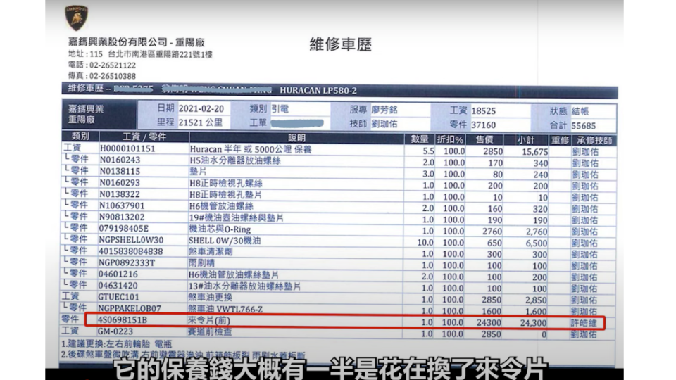 其中佔比最高的是更換煞車來令片所花費的2.4萬元。(圖片來源/ Joeman YT)