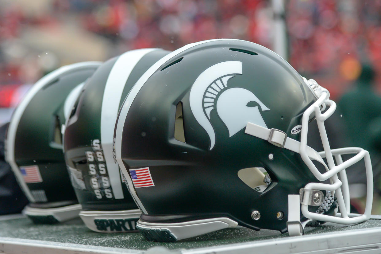 LINCOLN, NE - NOVEMBER 17: Helmets of the Michigan State Spartans during the game against the Nebraska Cornhuskers at Memorial Stadium on November 17, 2018 in Lincoln, Nebraska. (Photo by Steven Branscombe/Getty Images)