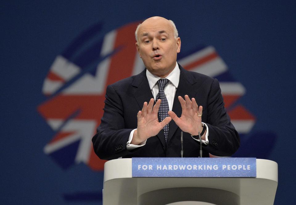 Britain's Work and Pensions Secretary Iain Duncan Smith delivers his keynote speech on the third day of the Conservative Party Conference in Manchester