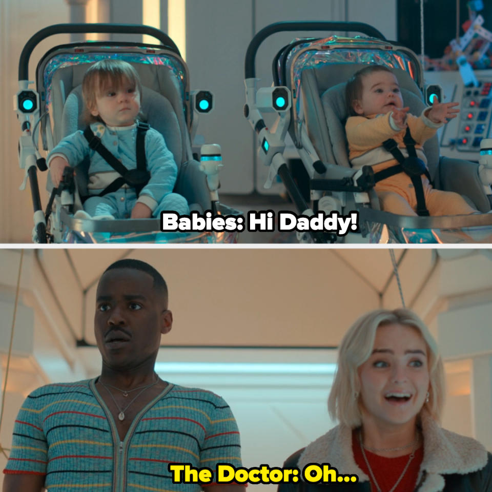 Two infants strapped in futuristic car seats; Doctor and Ruby looking surprised below. Text: Babies say "Hi Daddy!" and The Doctor: "Oh..."