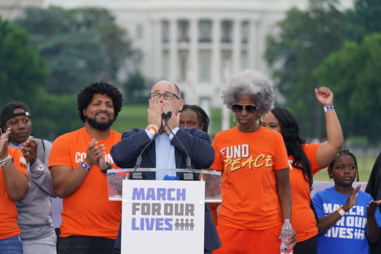 Fred Guttenberg, whose daughter Jaime was killed at Parkland’s Marjory Stoneman Douglas High School, takes the stage at the March For Our Lives on Saturday in Washington, D.C. (Getty Images)