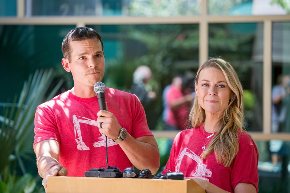 Granger Smith and Amber Smith visit Dell Children's Medical Center to present a donation in memory of their son, River Kelly Smith on June 25, 2019 in Austin, Texas.