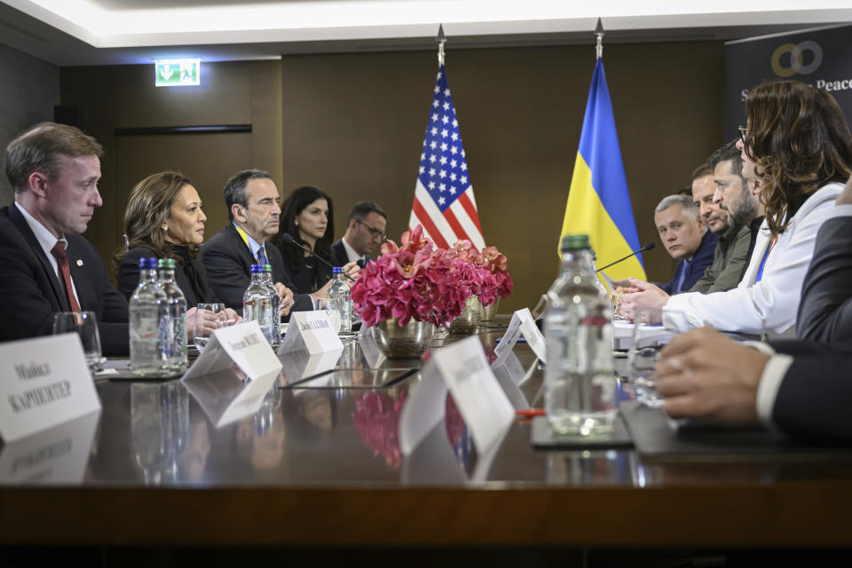 US Vice President Kamala Harris, second from left, US Security Advisor Jake Sullivan, left, attend their meeting with Ukraine's President Volodymyr Zelenskyy, second from right, during the Summit on peace in Ukraine, in Stansstad near Lucerne, Switzerland, Saturday, June 15, 2024. (Alessandro della Valle/Keystone via AP)