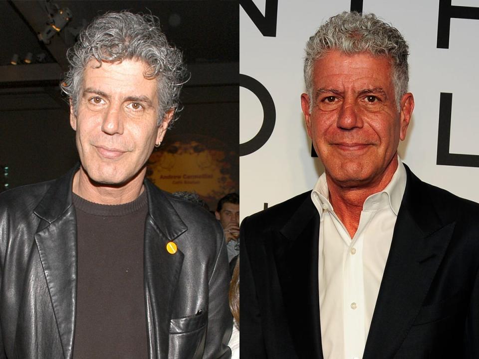 On the left, Anthony Bourdain in a black leather jacket. On the right, him in a black suit.