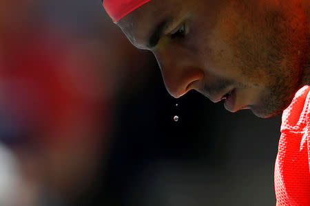 Tennis - US Open - New York, U.S. - September 4, 2017 - Sweat falls from Rafael Nadal of Spain during his fourth round match against Alexandr Dolgopolov of Ukraine. REUTERS/Andrew Kelly