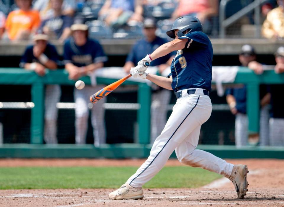 Bald Eagle Area’s Tayten Yoder hits a triple that scores 3 runs during the PIAA Class 2A championship game against Mount Union at Medlar Field on Saturday, June 17, 2023.