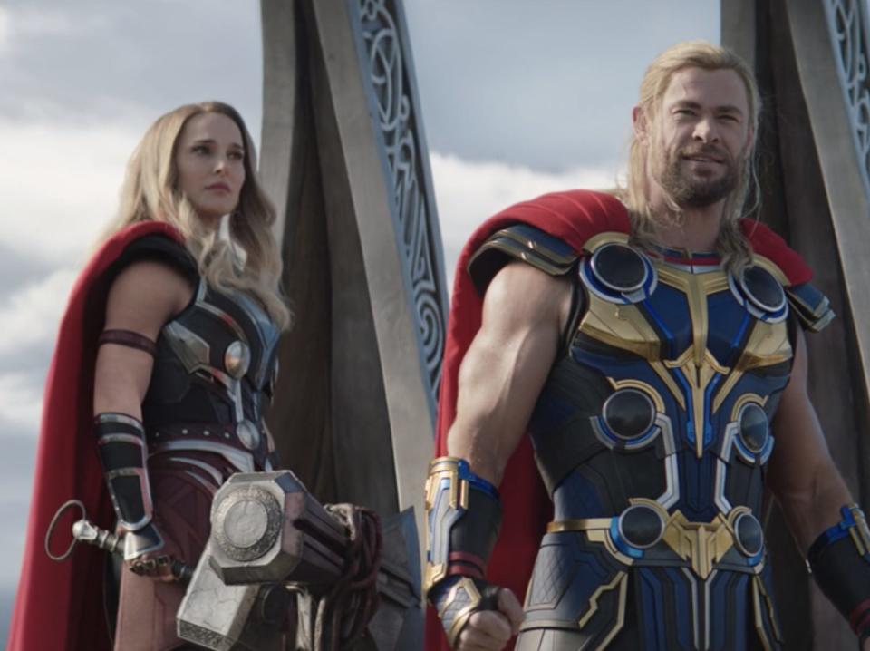 Natalie Portman as Jane Foster/Mighty Thor and Chris Hemsworth as Thor in "Thor: Love and Thunder."