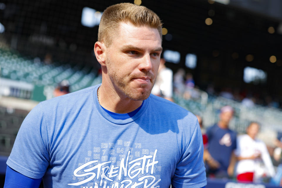 ATLANTA, GA - JUNE 24: Freddie Freeman #5 of the Los Angeles Dodgers takes the field prior to the game against the Atlanta Braves at Truist Park on June 24, 2022 in Atlanta, Georgia. (Photo by Todd Kirkland/Getty Images)