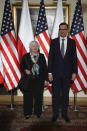 U.S. Treasury Secretary Janet Yellen, left, is greeted by Poland's Prime Minister Mateusz Morawiecki before their meeting in Warsaw, Poland, Monday, May 16, 2022. Yellen and Morawiecki will discuss how Russia's invasion of Ukraine affects Poland's economy as part of a week-long trip that also will take her to Brussels and a G7 finance leaders meeting in Germany. (AP Photo/Michal Dyjuk)