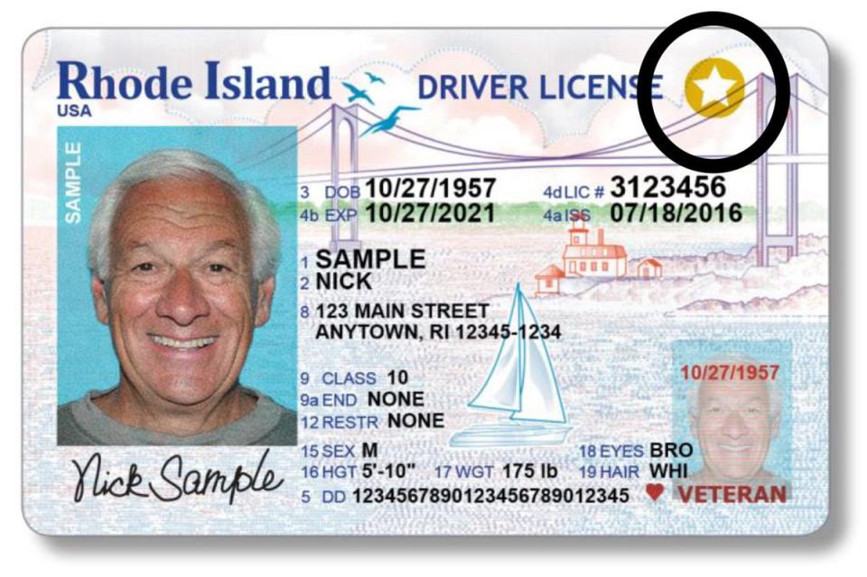This example of a REAL ID Rhode Island driver's license has a gold circle with a star in the corner.