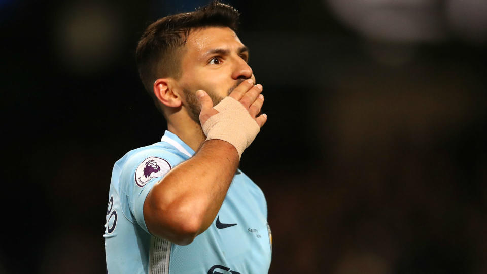 Sergio Aguero scored four goals against Leicester to take his tally to 197 Manchester City goals, including 13 in 2018.