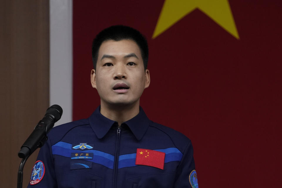 Chinese astronaut for the upcoming Shenzhou-18 mission Li Guangsu speaks during a meeting with media members at the Jiuquan Satellite Launch Center in northwest China, Wednesday, April 24, 2024. (AP Photo/Andy Wong)