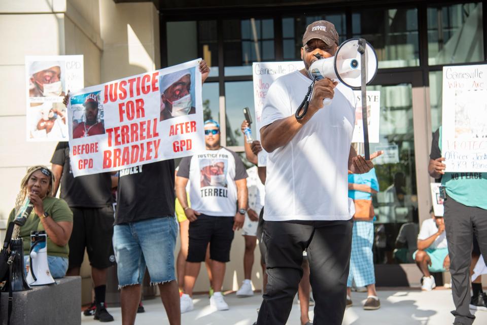 Victor Bradley, the father of Terrell Bradley, speaks about his son during a protest for Terrell Bradley in Gainesville on July 17.