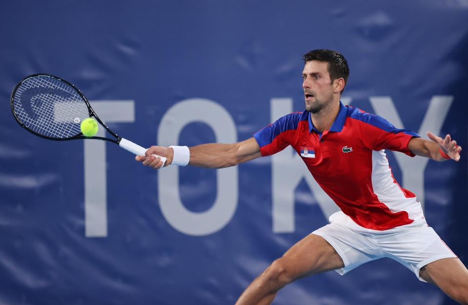 Novak Djokovic of Serbia plays a forehand during his Men's Singles Semifinal match against Alexander Zverev of Germany.