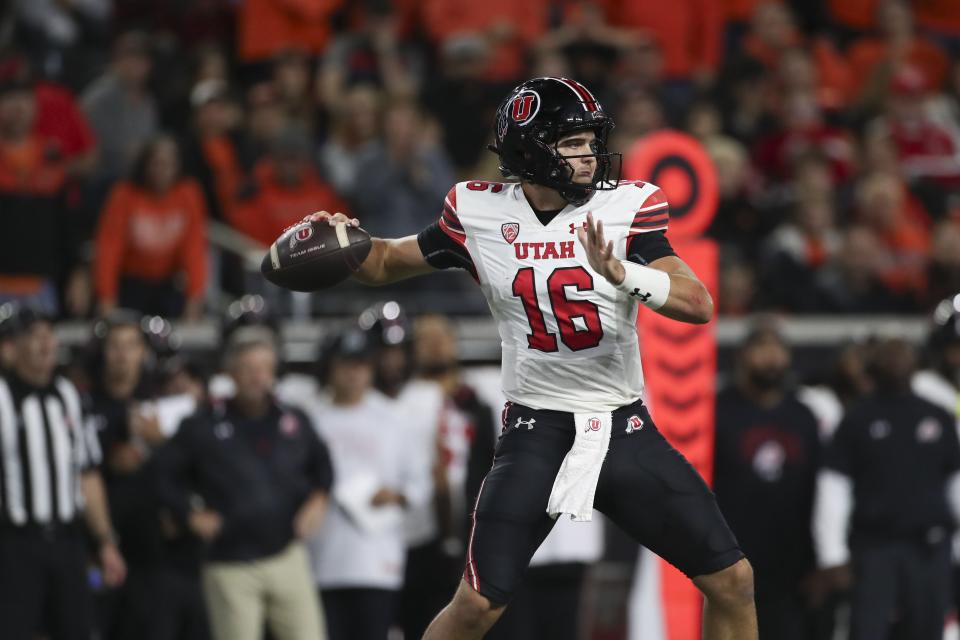 Utah quarterback Bryson Barnes (16) looks for a receiver during the second half of the team’s NCAA college football game against Oregon State on Friday, Sept. 29, 2023, in Corvallis, Ore. | Amanda Loman, Associated Press