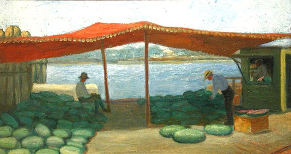 Elisabeth Chant's 1925, oil on canvas painting "Watermelons on the Dock." It recalls some of the early work of one of her most famous students, Claude Howell.