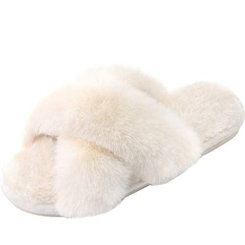 35) Women's Fuzzy Cross Band Slippers