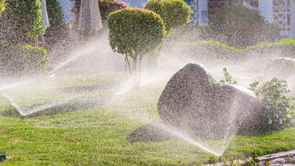 A sprinkler system running in a yard