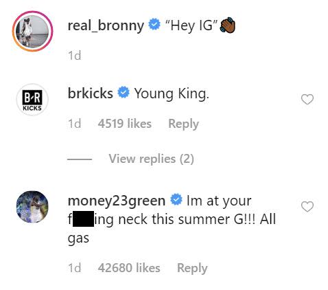 Screencap of Draymond Green's comment on Bronny James' Instagram post