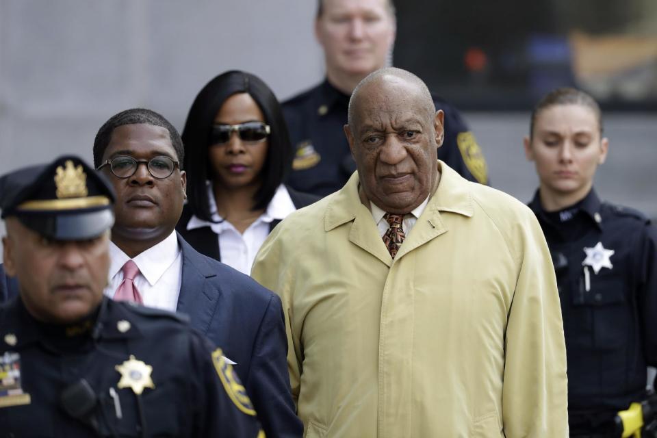 In this Monday, Feb. 27, 2017, file photo, Bill Cosby departs after a pretrial hearing in his sexual assault case at the Montgomery County Courthouse in Norristown, Pa. The next battle in the criminal case against Bill Cosby will be whether prosecutors can use his lurid deposition testimony about giving pills and alcohol to a string of women before sex — material that may be disallowed at his trial since the judge ruled most of the women themselves can't testify. (AP Photo/Matt Slocum)