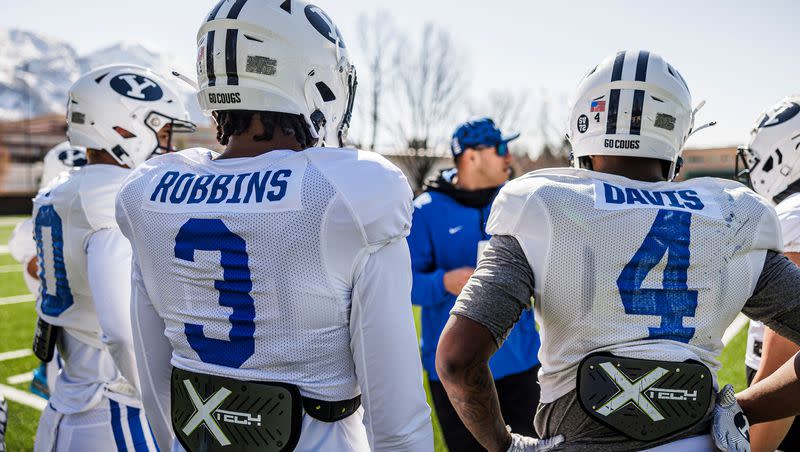 UNVL transfer running back Aidan Robbins (3) and Miles Davis (4) look on during spring football camp in Provo.