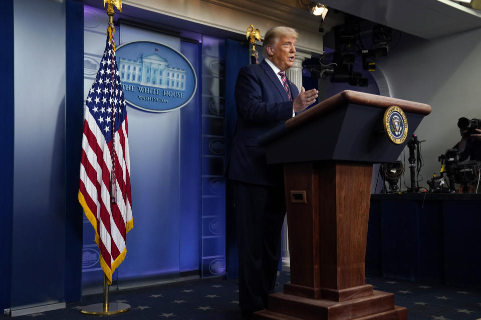 President Donald Trump speaks at the White House, Thursday, Nov. 5, 2020, in Washington. (AP Photo/Evan Vucci)