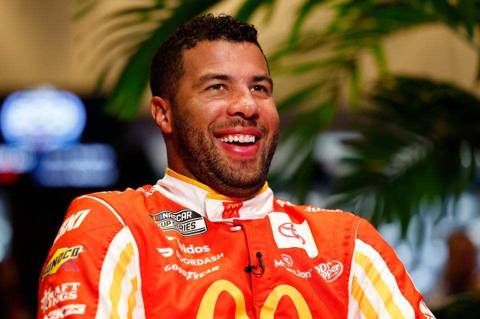 Bubba Wallace speaks to reporters Wednesday during NASCAR media day at Daytona International Speedway.