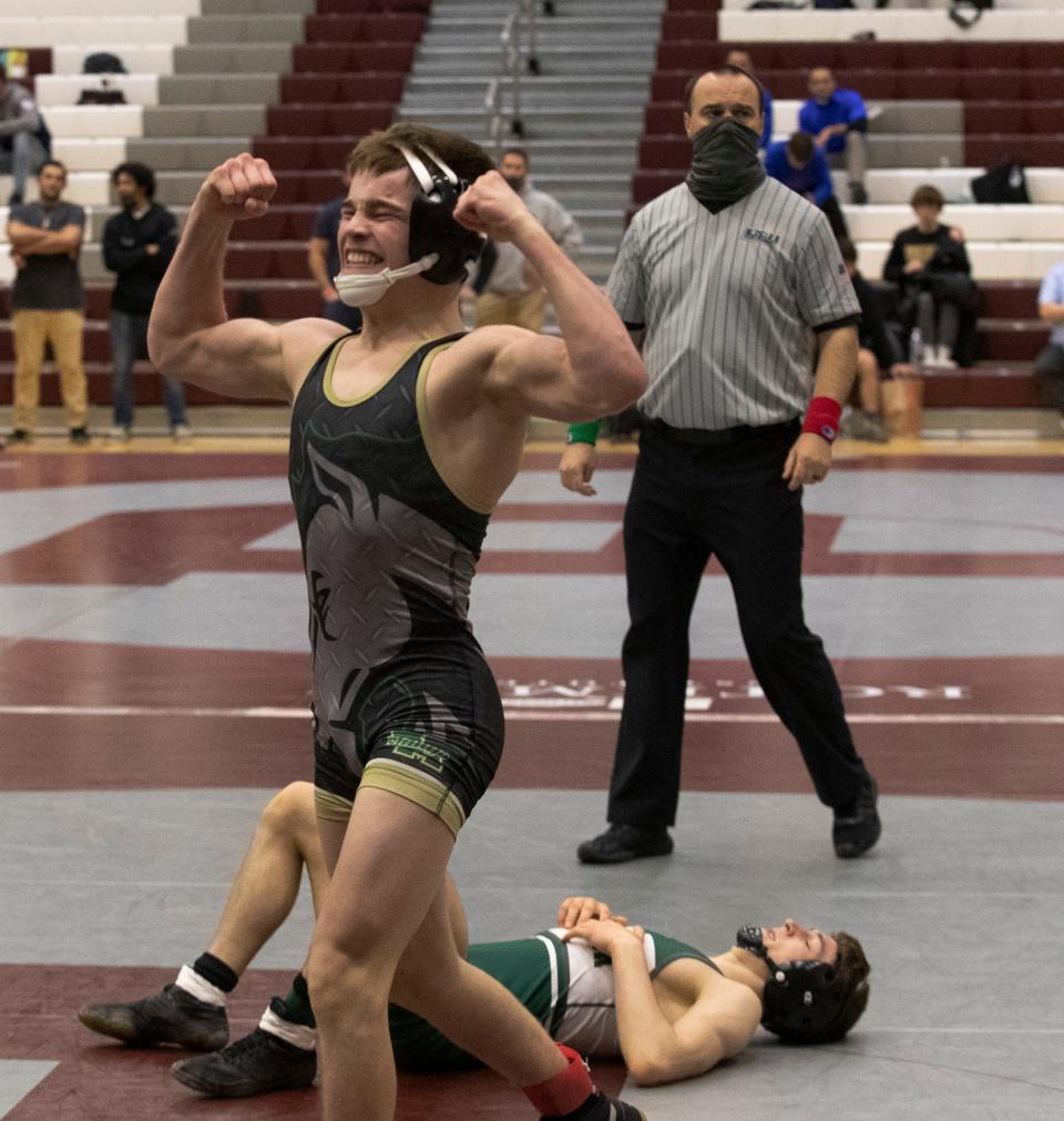 Brick Memorial's Anthony Santaniello, shown celebrating after he defeated Kinnelon's Evan Mougalian in the NJSIAA 120-pound championship bout last April 24 at Phillipsburg High School, will move up to the 132-pound weight class this season.