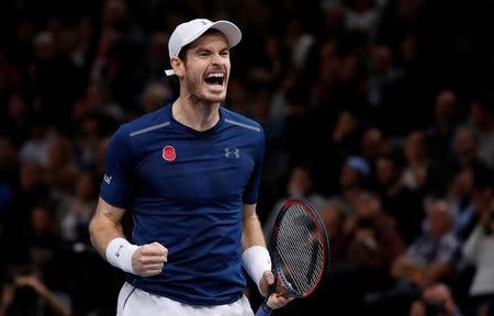 Tennis - Paris Masters tennis tournament men's singles final - Andy Murray of Britain v John Isner of the U.S. - Paris, France - 6/11/2016 - Andy Murray reacts at the end of the match. REUTERS/Gonzalo Fuentes