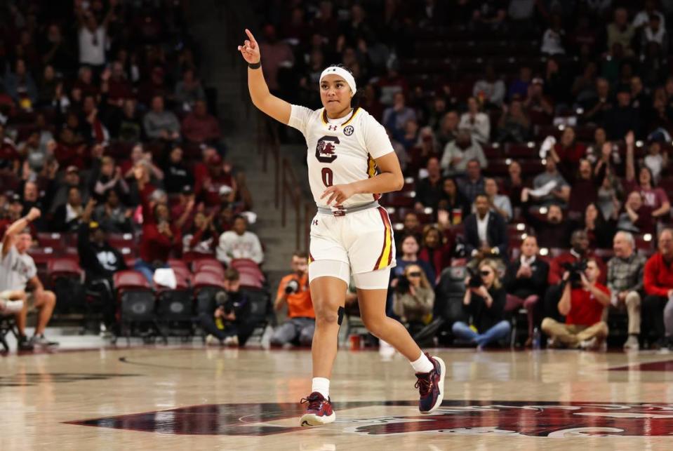 South Carolina guard Te-Hina Paopao (0) reacts after hitting a 3-pointer during the first half of the Gamecocks’ game against the Tigers at Colonial Life Arena in Columbia on Thursday, November 16, 2023.