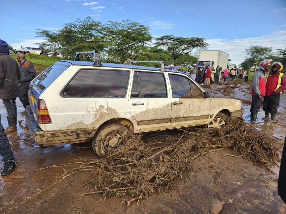 A view of a swept away car after a dam burst, in Kamuchiri Village, Mai Mahiu, Nakuru County, Kenya, Monday, April 29, 2024. Police in Kenya say at least 40 people have died after a dam collapsed in the country's west. (AP Photo)