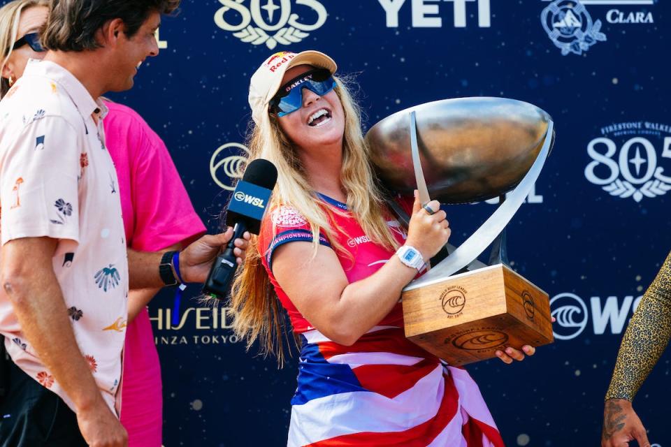 Caroline Marks of the United States after winning the 2023 World Title after Title March 2 at the Rip Curl WSL Finals on Sept. 9, 2023 at Lower Trestles, California, United States. (Photo by Cait Miers/World Surf League)
