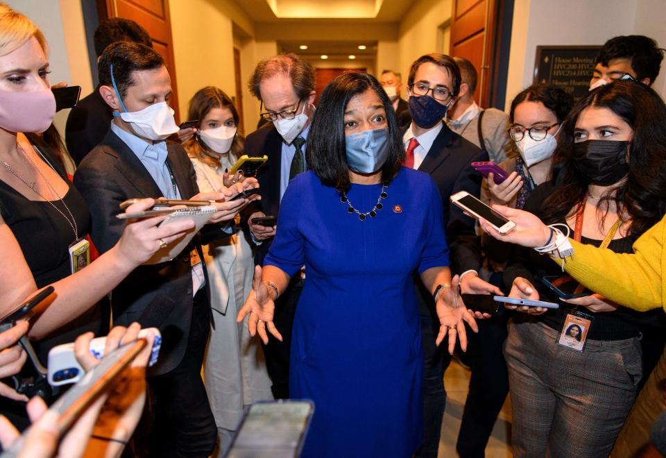 US Democratic Representative Pramila Jayapal speaks to the press on Capitol Hill in Washington, DC, October 28, 2021, after a meeting of the Congressional Progressive Caucus. (Photo by MANDEL NGAN / AFP) (Photo by MANDEL NGAN/AFP via Getty Images)