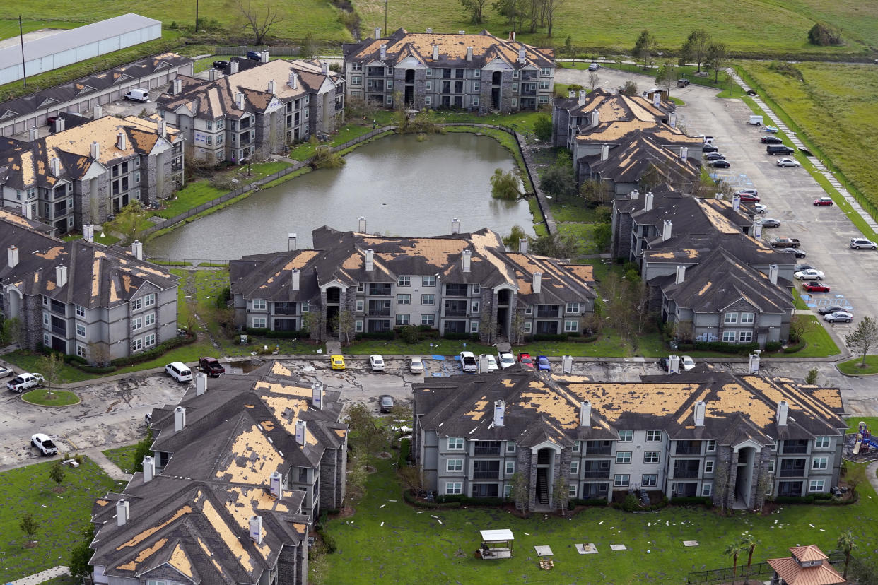 Roof damage is seen in the aftermath of Hurricane Ida, Monday, Aug. 30, 2021, in Houma, La.  (David J. Phillip/AP Photo) 