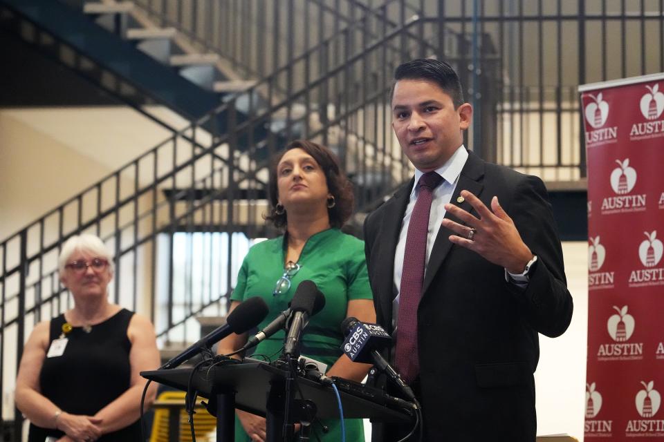 Austin interim school Superintendent Matias Segura and school board President Arati Singh talk Wednesday about a Texas Education Agency proposal under which the Austin school district could avoid having a state-appointed conservator placed over its troubled special education department.