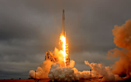 FILE PHOTO -- A SpaceX Falcon 9 rocket lifts off on a supply mission to the International Space Station from historic launch pad 39A at the Kennedy Space Center in Cape Canaveral, Florida, U.S., February 19, 2017. REUTERS/Joe Skipper/File photo