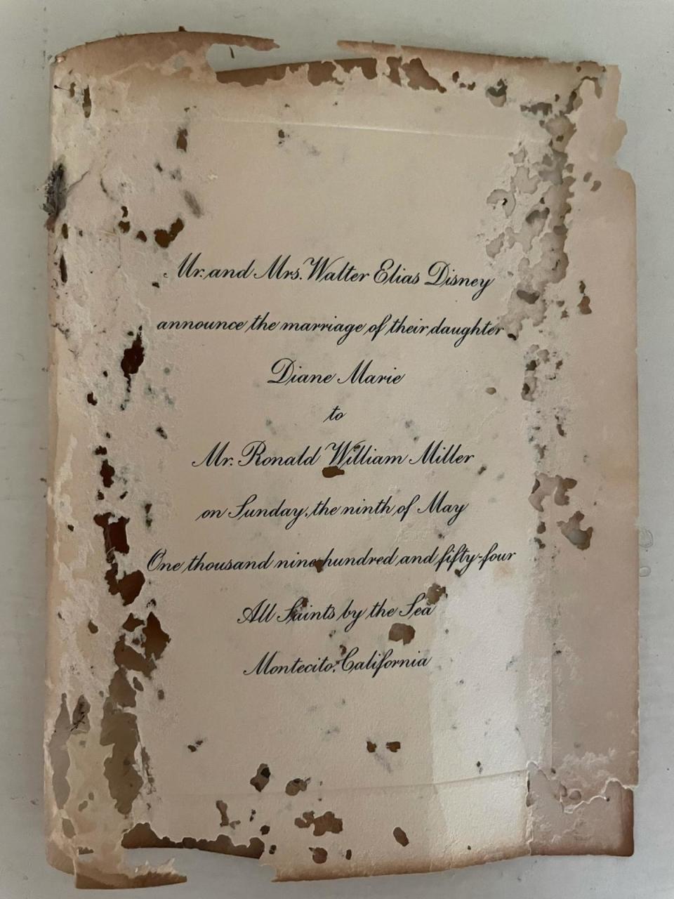 Old wedding invitation announcing marriage of Diane Marie Disney to Ron W. Miller on May 9, 1954, in Montecito, California